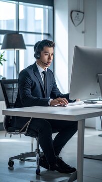 Focused Customer Service Representative Working at Desk with Computer.