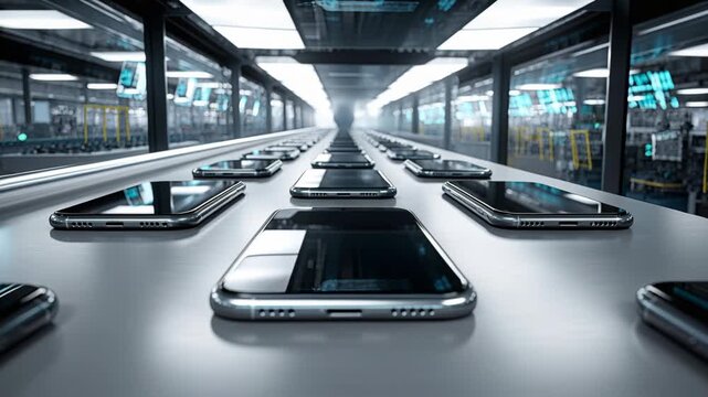 Rows of new smartphones are displayed on a shiny surface in a futuristic, modern factory setting.