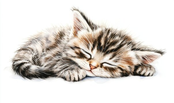Cute kitten sleeping calmly isolated on white background close up portrait