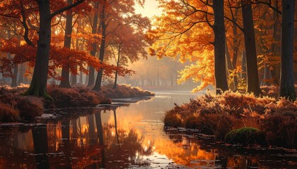 A scenic autumn landscape with a serene stream flowing through a forest of trees adorned in vibrant orange and red foliage, with warm sunlight