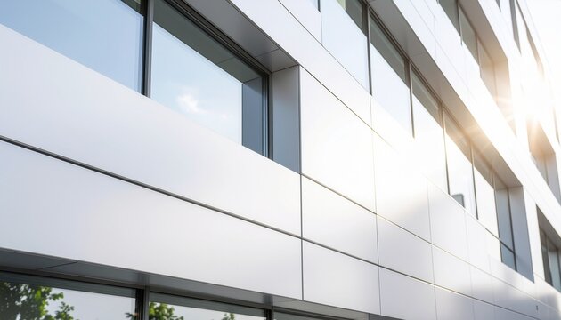 Photorealistic Low-Angle Shot of a Modern Aluminum Composite Panel (ACP) Facade with Glass Windows
