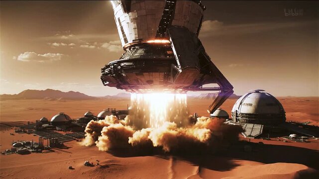 Massive octagonal spacecraft landing on a Martian colony with thrusters firing. Futuristic sci-fi scene of space exploration on a red desert planet