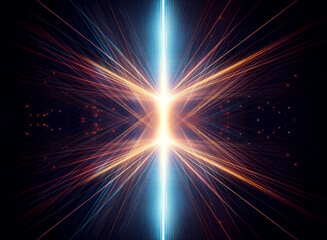 Abstract digital art featuring a bright, central light source emitting converging and diverging lines of blue and orange light against a dark backdrop.  The image evokes energy and movement.