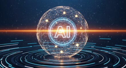 Glowing ai network sphere with futuristic digital light trails and starry night sky background