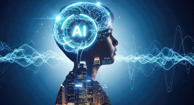 Artificial intelligence concept with human head and glowing blue circuit brain with cityscape background and digital waveform - Powered by Adobe