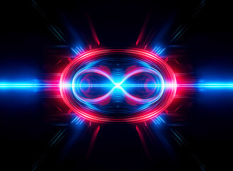 Abstract symmetrical design featuring vibrant red and blue light trails on a dark backdrop.  An infinity-like shape emits glowing energy with radiating streaks, creating a futuristic, plasma effect.