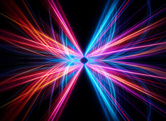 Abstract image with vibrant lines of blue, pink, and orange radiating from a central point on a black background, creating a dynamic, energetic image.