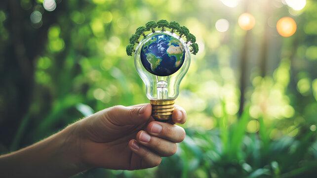 Hand holding a light bulb with an Earth globe and green trees inside a bright sunny forest representing environmental conservation and sustainable ene