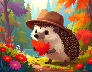 Whimsical illustration of a hedgehog in a brown hat holding a vibrant red leaf amidst a colorful forest scene during autumn