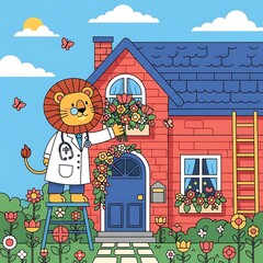 Whimsical illustration of a lion doctor, standing before a red brick house with a blue door, handing flowers. A garden surrounds the house