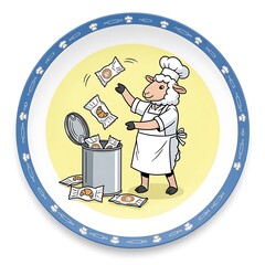 Whimsical illustration of a sheep wearing a chef's hat and apron juggling packaged croissants over a trash bin, all on a plate