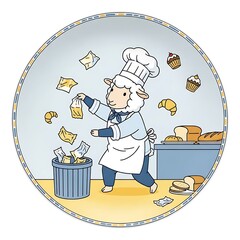 Whimsical illustration of a sheep chef tossing paperwork into a trash can amidst floating baked goods