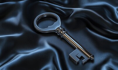 Elegant silver key resting on dark silky fabric texture backdrop