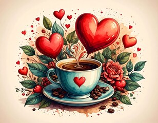 Whimsical illustration of a steaming coffee cup adorned with hearts, roses, and greenery, evoking romance and warmth