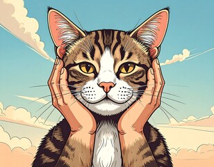 Whimsical illustration of a tabby cat peering serenely from within gentle hands, set against a pastel, cloudy sky