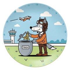Whimsical illustration of an anthropomorphic wolf in aviator attire depositing a banana peel into a trash can at an airport