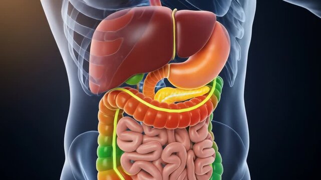3D Animation of Human Digestive System and Internal Organs in a Transparent Body.