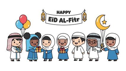 Diverse children celebrating Eid al-Fitr with balloons and gifts in a joyful festive atmosphere