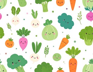 Whimsical illustration of diverse, smiling vegetables scattered on a bright white background with small colorful dots