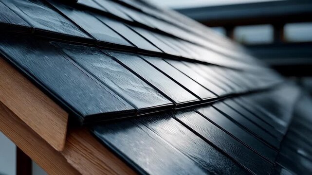 Medium shot focusing on solar roof tiles blending seamlessly with traditional roofing highlighting innovative and ecofriendly power generation.
