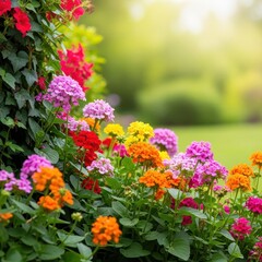 Obraz premium A peaceful, secluded garden corner overflowing with colorful blossoms and green foliage, suggesting a cherished, loved outdoor space for quiet reflection, sunlight, flowers, beloved