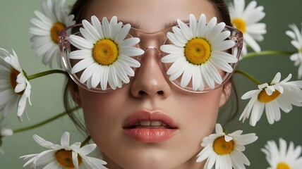 A woman wearing glasses with flowers on her face and around her head