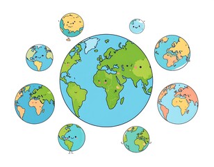 Whimsical illustration of smiling planet Earth surrounded by smaller, equally happy globes on a white background