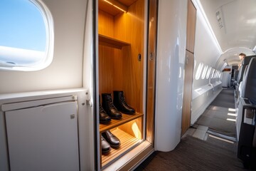 Stylish Passenger Shoes in Airplane Lavatory Door Open to Cabin Interior