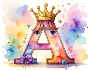 Whimsical illustration of the letter "A" as a princess, adorned with a golden crown, cute face, and floral elements