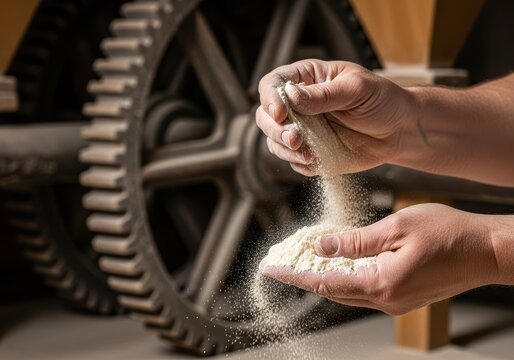 Close-up of experienced hands testing the quality of freshly ground flour near massive wooden gears inside a historical grain processing mill, vintage, trade, energy