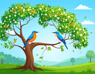 Whimsical illustration of two bluebirds perched on a blooming tree branch, with oranges visible, under a clear, sunny sky