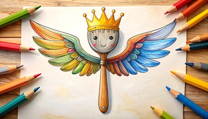 Whimsical image of a paintbrush character with wings and a crown, surrounded by colorful pencils. The artwork rests on textured paper