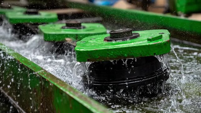 Dynamic medium shot of automated water recycling machinery recapturing rinse water for reuse highlighting green engineering and ecological preservation.
