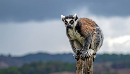 Obraz premium A ring-tailed primate sits atop a weathered wooden post, gazing intently. The overcast sky and blurred landscape provide a soft backdrop