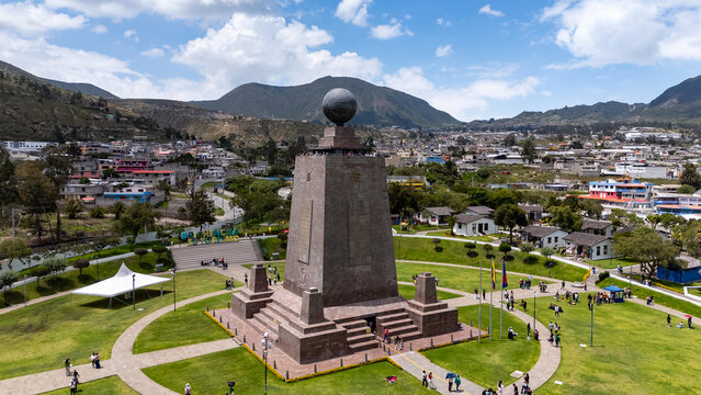 Aerial view of the Mitad del Mundo monument near Quito, Ecuador, marking the equatorial line dividing the Northern and Southern Hemispheres.