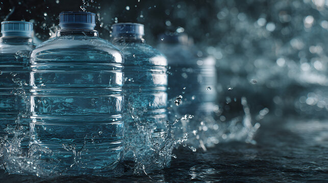 acercamiento de garrafones transparentes o contenedores llenos de agua potable para beber sobre charcos de agua sobre salpicaduras de agua limpia