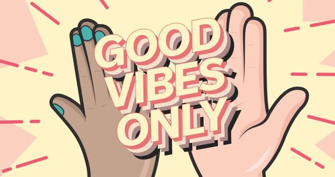 Animation starting, hands moving inward framing 3D GOOD VIBES ONLY in retro studio with teal nails