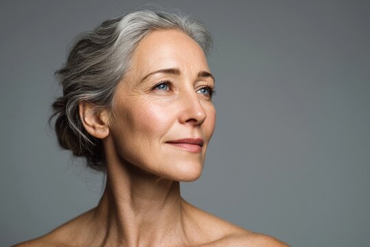 Older woman with short gray hair gazes upwards, softly illuminated against a neutral backdrop. Her serene expression highlights natural beauty and wisdom. Skin appears smooth and healthy