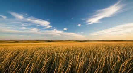 Naklejka premium A vast, sweeping prairie landscape featuring tall golden grasses swaying gently under a deep blue sky dotted with scattered white clouds, tranquil, plains, peaceful