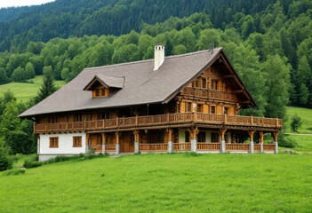 Fototapeta premium Beautiful log home in rural Romania, nestled in Carpathian foothills