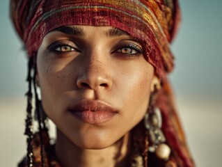 A woman with striking eyes and a patterned headscarf gazes directly at the camera. Her skin is flawless, adorned with freckles, and she wears elaborate earrings. The photograph is captivating