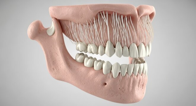 Detailed anatomical rendering of the lower jaw, emphasizing bone mass, tooth roots, and the hinge articulation, dental, mandible, study
