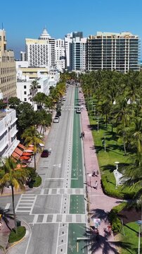 Ocean Drive At Miami Beach In Florida United States. Seascape Skyline. Downtown Landscape. Summer Travel. Ocean Drive At Miami Beach In Florida United States. Highrise Buildings.