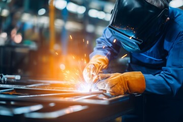 Skilled Worker Welding Metal Outdoors in Active Manufacturing Environment