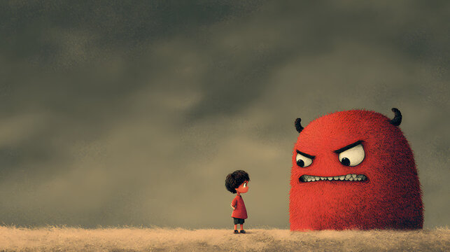 animacion de un monstruo rojo enojado y furioso representando al monstruo de las emociones y sentimientos en la psicologia de los ni&ntilde;os con espacio de copia 