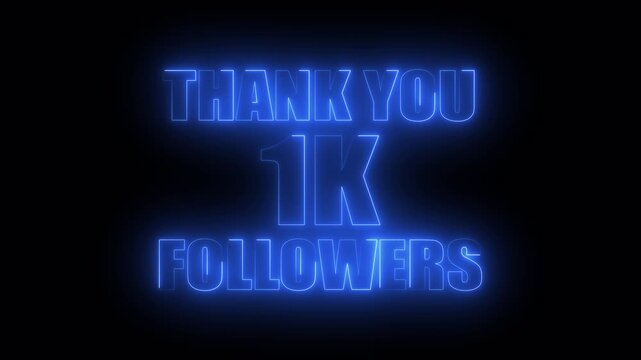 Thank you one thousand followers neon text animation milestone message, 1k followers.