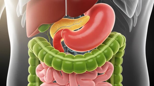 Detailed Medical Illustration of Human Digestive System Anatomy.