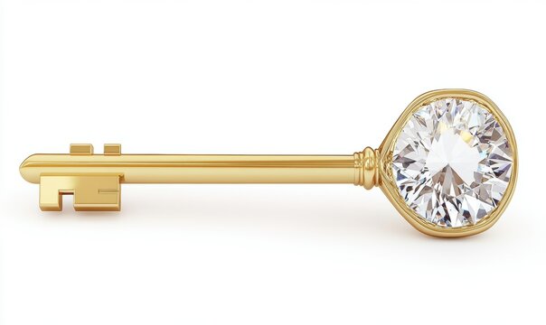 Golden key with large diamond head security and treasure concept illustration