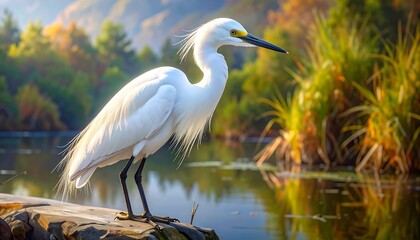 Naklejka premium A pristine white bird, elegant, stands near still water, reflecting sunlight. Foliage of various colors, including greens and autumn hues, adds depth
