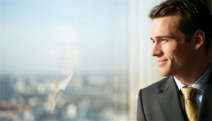 Elite businessman overlooking the city through a skyscraper window